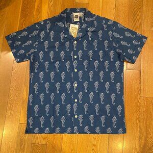 Kennington Ltd Shirt Mens Blue Seahorse Button Down Short Sleeve Camp Cotton NWT